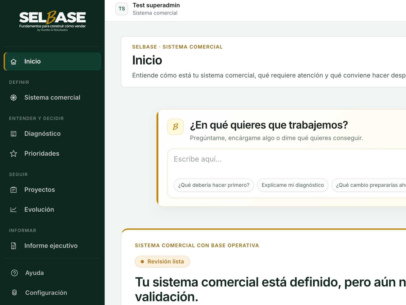 Vista de SELBASE mostrando el inicio del sistema comercial, el asistente de trabajo y el estado de revisión.