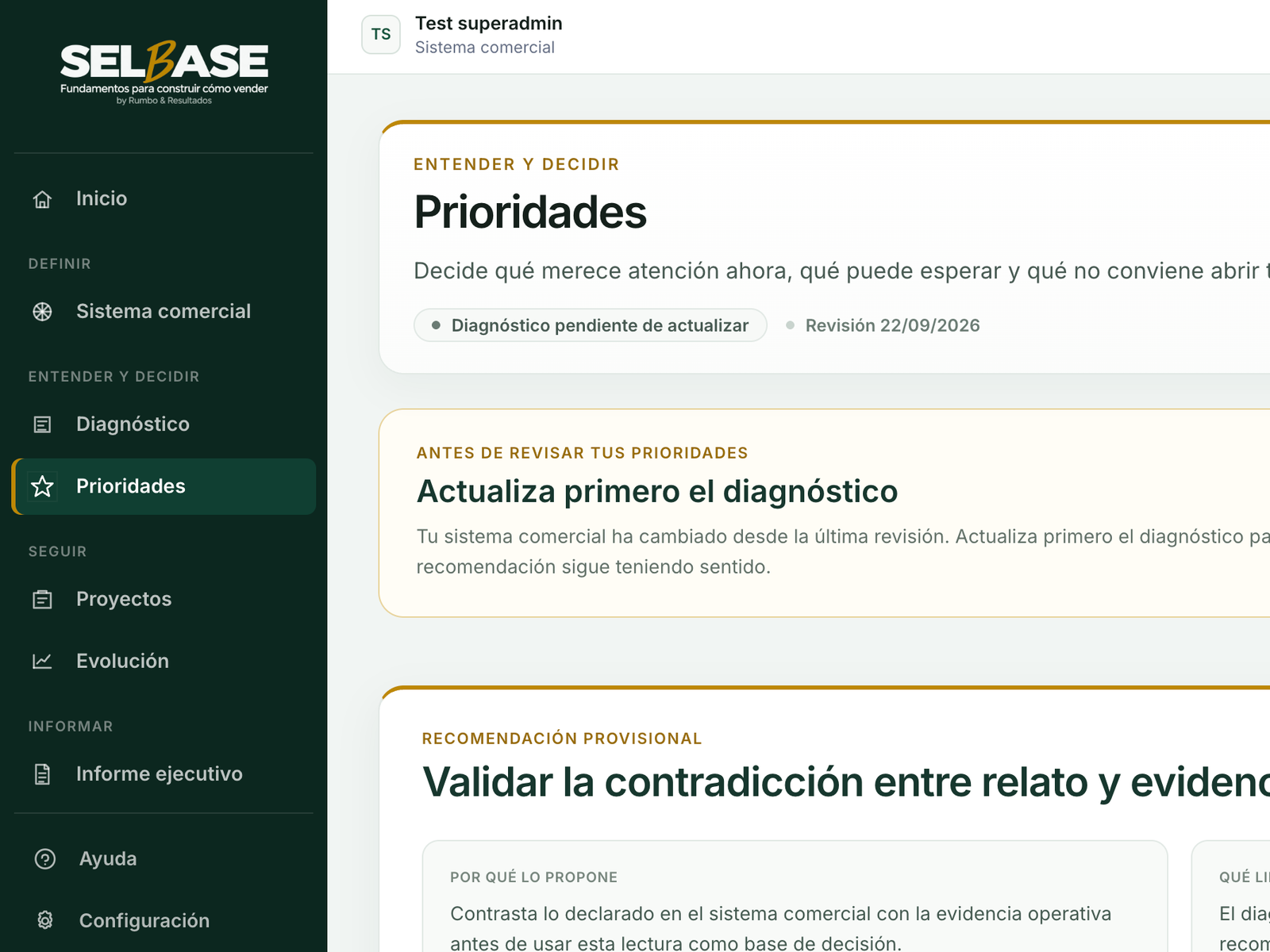 Vista de SELBASE mostrando la pantalla de prioridades, actualización del diagnóstico y recomendación provisional.